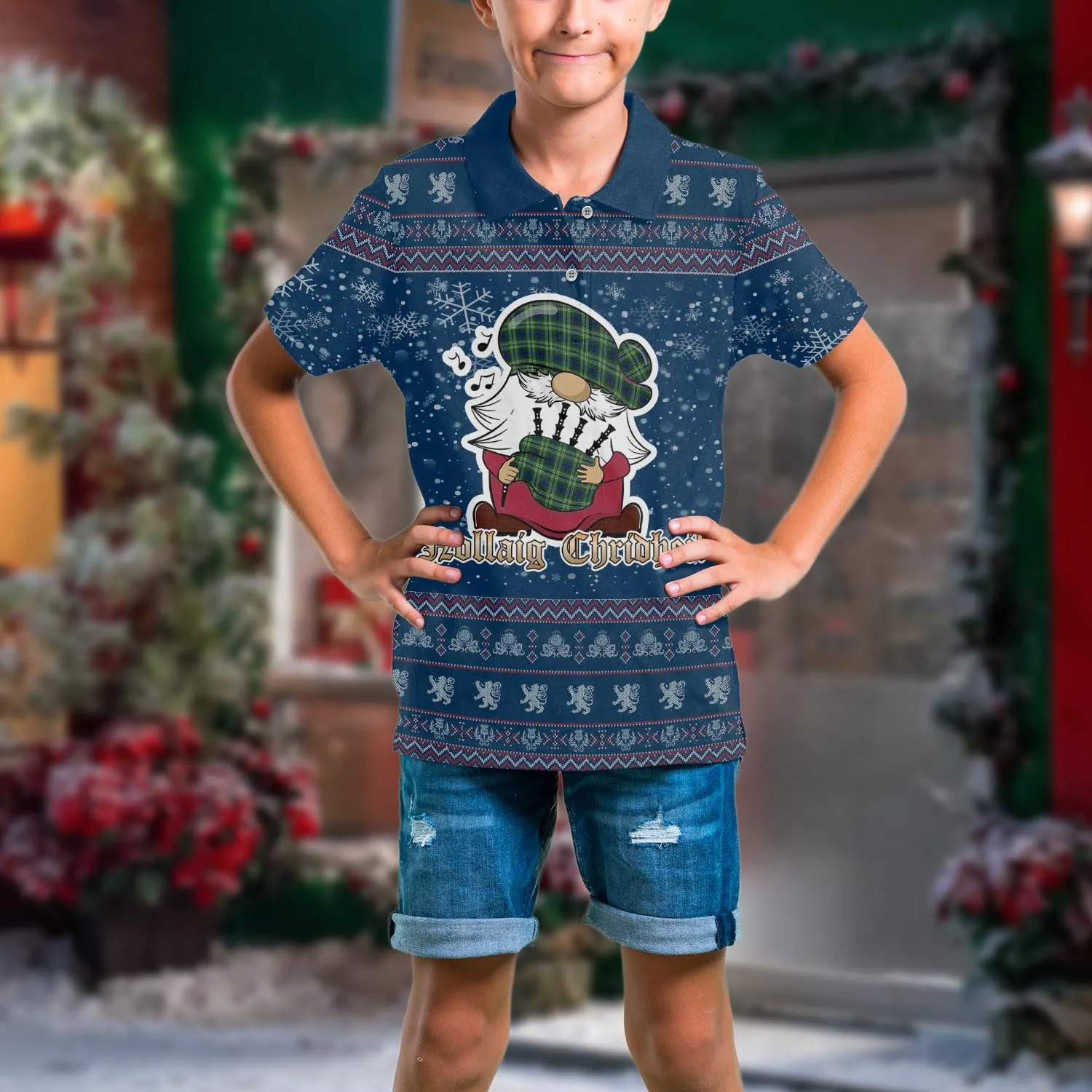 Blackadder Clan Christmas Family Polo Shirt with Funny Gnome Playing Bagpipes
