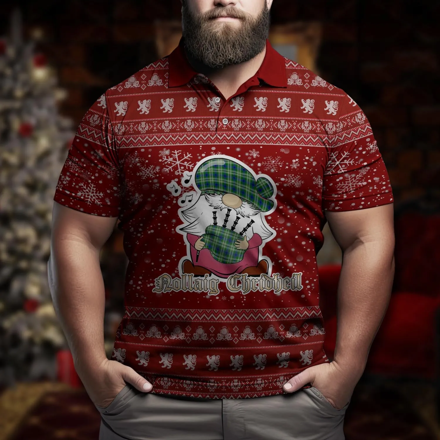 Blackadder Clan Christmas Family Polo Shirt with Funny Gnome Playing Bagpipes