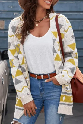 Geometric Print Open Front Knitted Cardigan