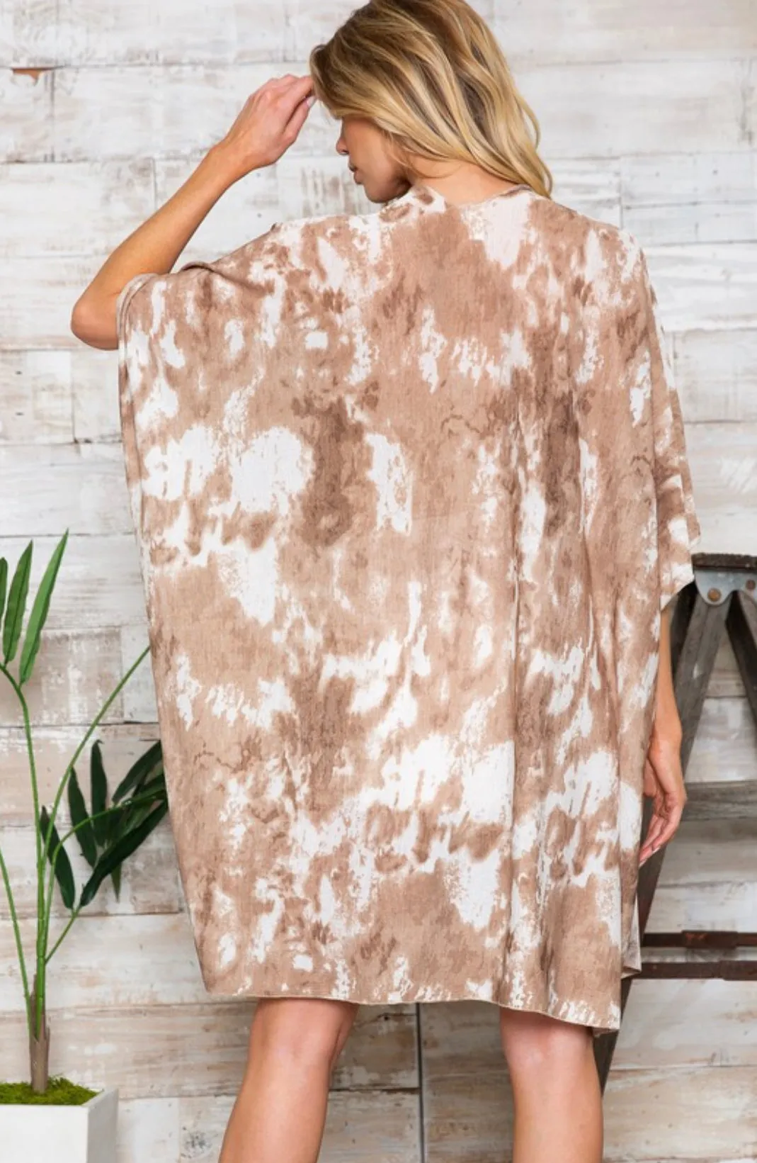 Mocha Latte Tie Dye Print Kimono Knit Cardigan