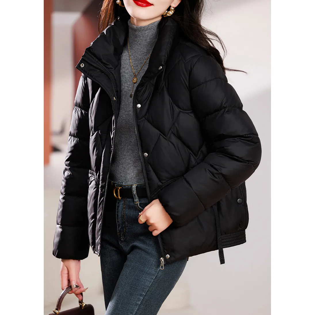 Quilted Diamond Cropped Puffer Jacket