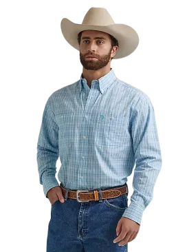 Wrangler Men's George Strait Long Sleeve Button Down Plaid Baby Blue Shirt